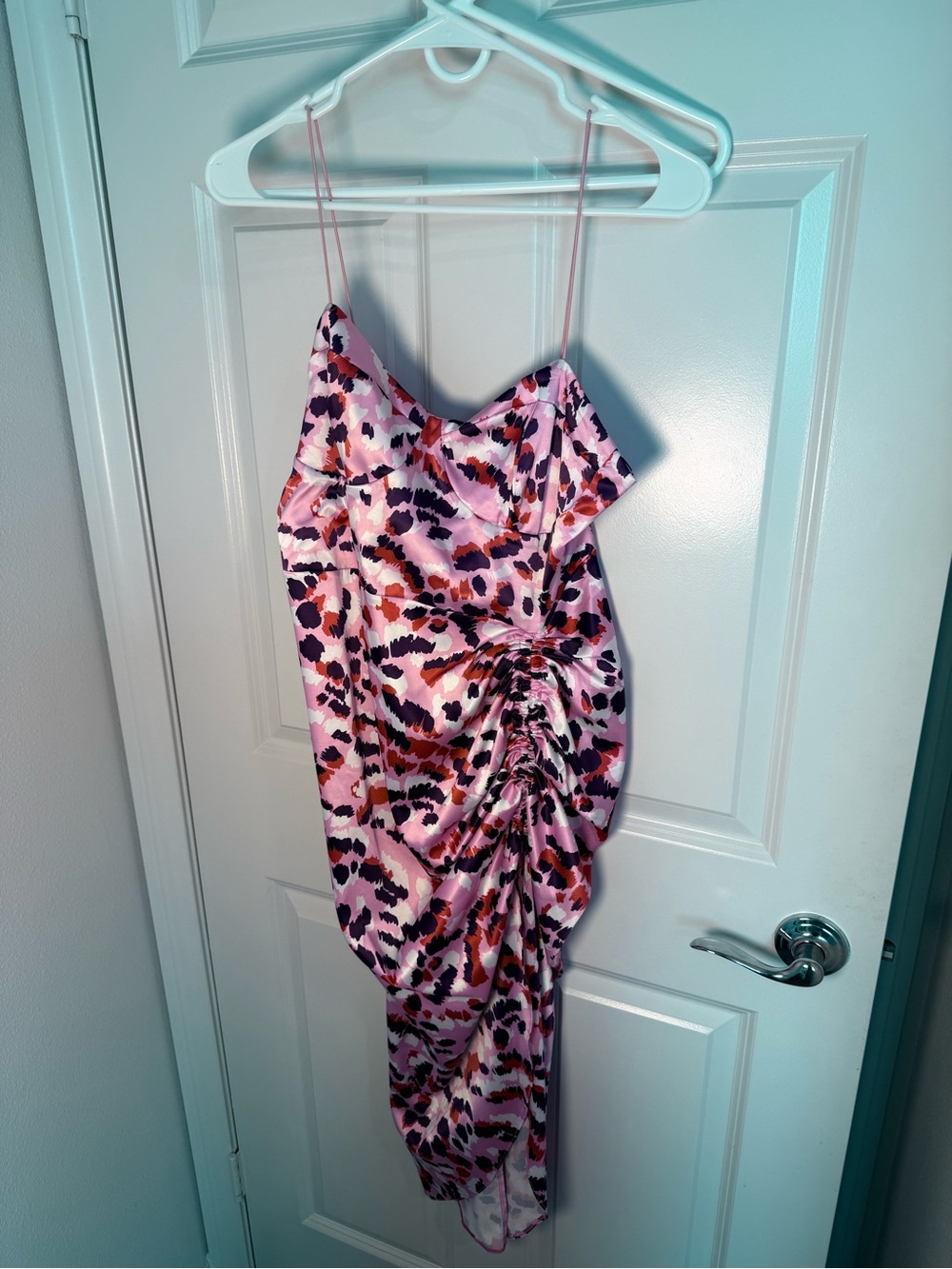 ASOS Pink Leopard-Print Ruched High-Slit Slip Dress - Picture 4 of 4